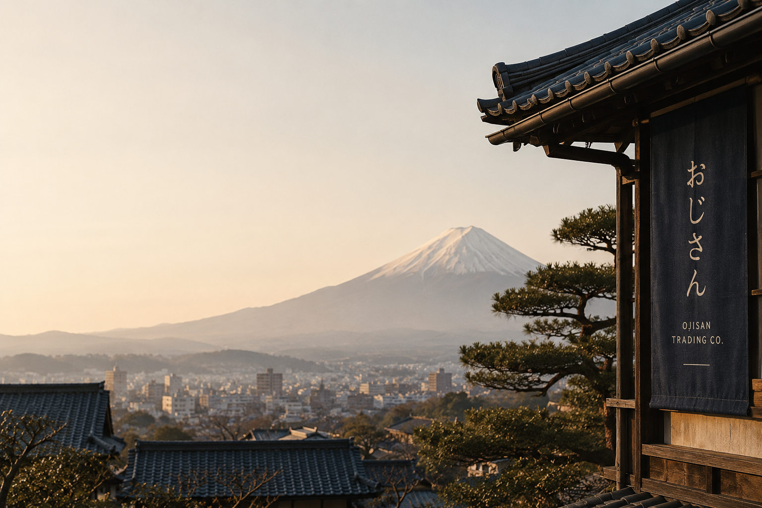 Mount Fuji behind a traditional Japanese temple roof at sunset